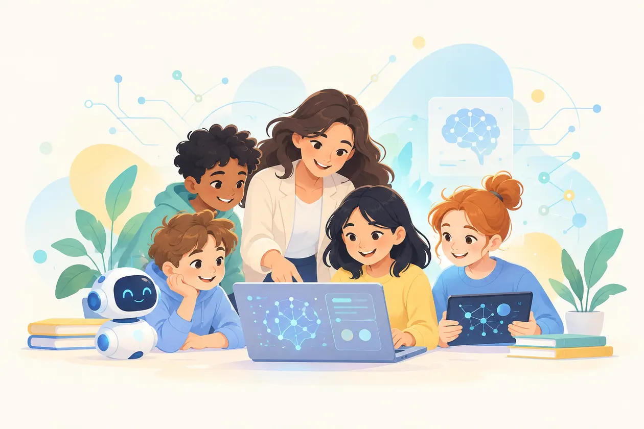 선생님과 학생들이 노트북·블록코딩·로봇으로 함께 배우는 일러스트